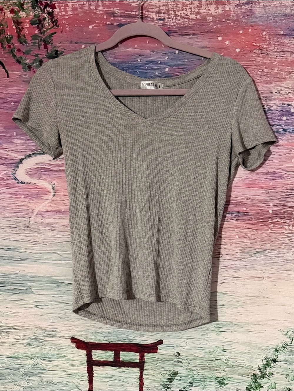 Women's Ribbed V-Neck Top — Gray